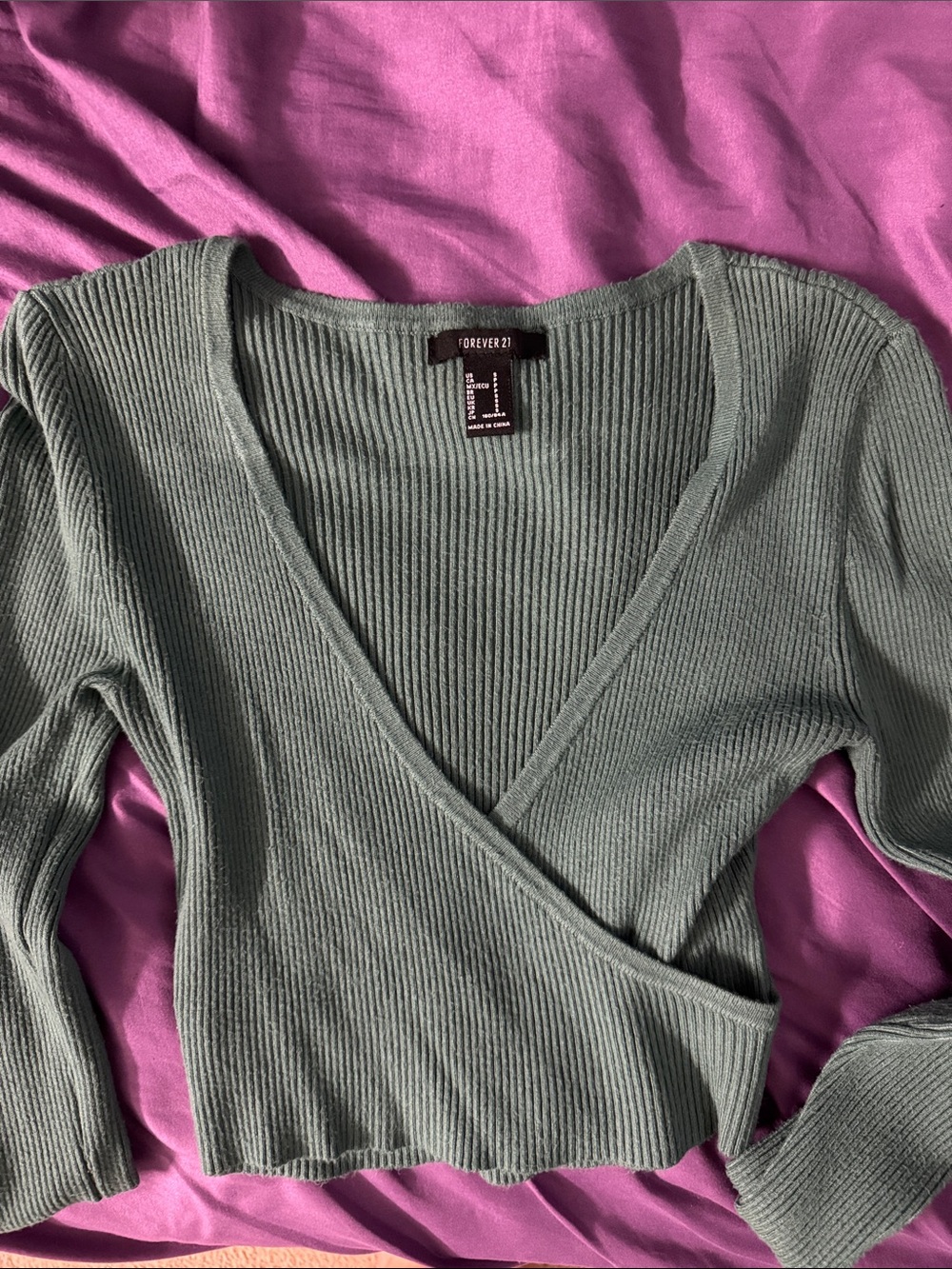 Forever 21 Green Ribbed Wrap V-Neck Sweater Top